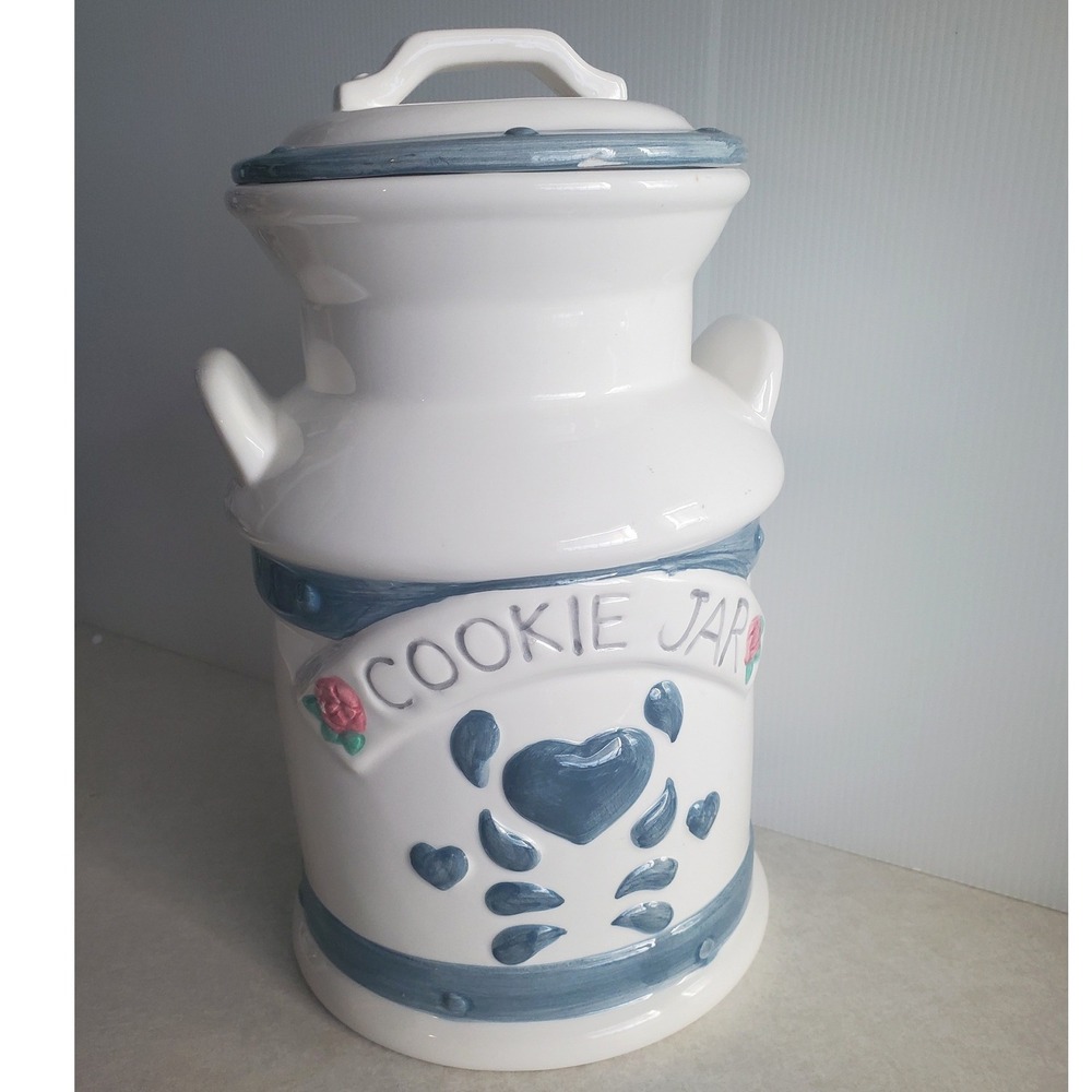 Jay Import Co Cookie Jar White Blue Heart Rose Milk Can Vintage Country Large